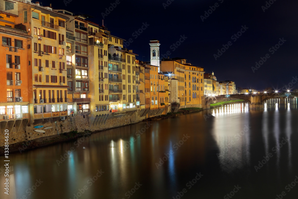 Beautiful night view of Arno river and S. Trinità bridge, Firenze, Tuscany, Italy