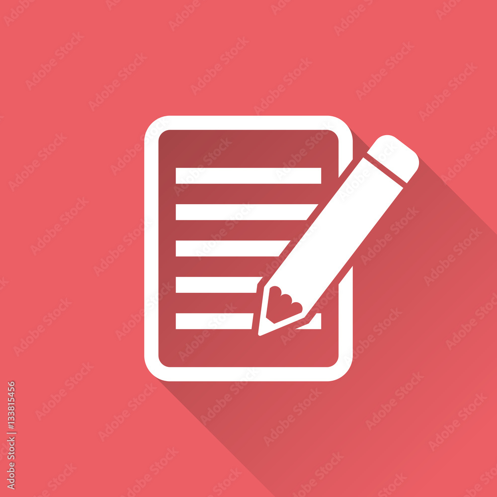 Document with pencil pictogram icon. Simple flat illustration for business, marketing internet concept on red background with long shadow. Trendy modern vector symbol for web site design or mobile app Document with pencil pictogram icon. Simple flat illustration for business, marketing internet concept on red background with long shadow. Trendy modern vector symbol for web site design or mobile app