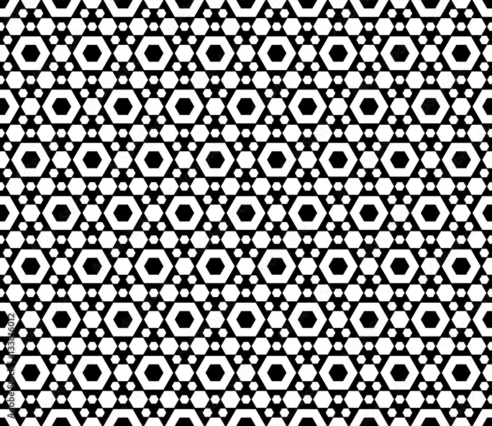 Vector monochrome seamless pattern, repeat geometric texture, black & white hexagonal grid, abstract modern wallpaper. Stylish background with simple figures, hexagons. Design for prints, decor, cloth Vector monochrome seamless pattern, repeat geometric texture, black & white hexagonal grid, abstract modern wallpaper. Stylish background with simple figures, hexagons. Design for prints, decor, cloth