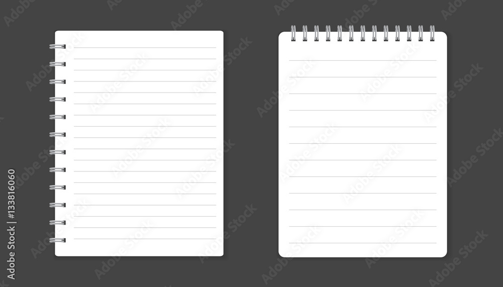Realistic template notepad with spiral. Blank cover design. School business diary. Office stationery notebook on black background Realistic template notepad with spiral. Blank cover design. School business diary. Office stationery notebook on black background