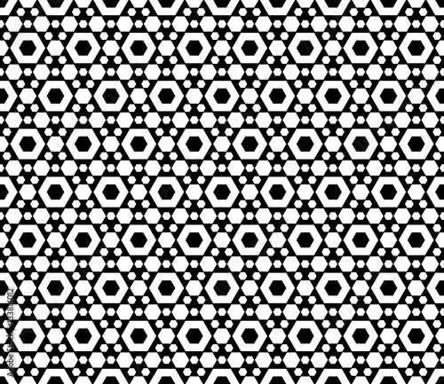 Vector monochrome seamless pattern, repeat geometric texture, black & white hexagonal grid, abstract modern wallpaper. Stylish background with simple figures, hexagons. Design for prints, decor, cloth