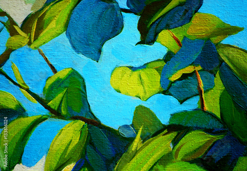 Fototapeta Naklejka Na Ścianę i Meble -  branches and leaves, oil painting on canvas, illustration
