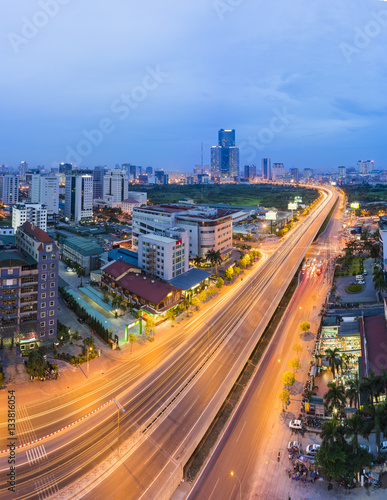 Aerial view of Pham Hung street, Hanoi, Vietnam. Hanoi cityscape at night