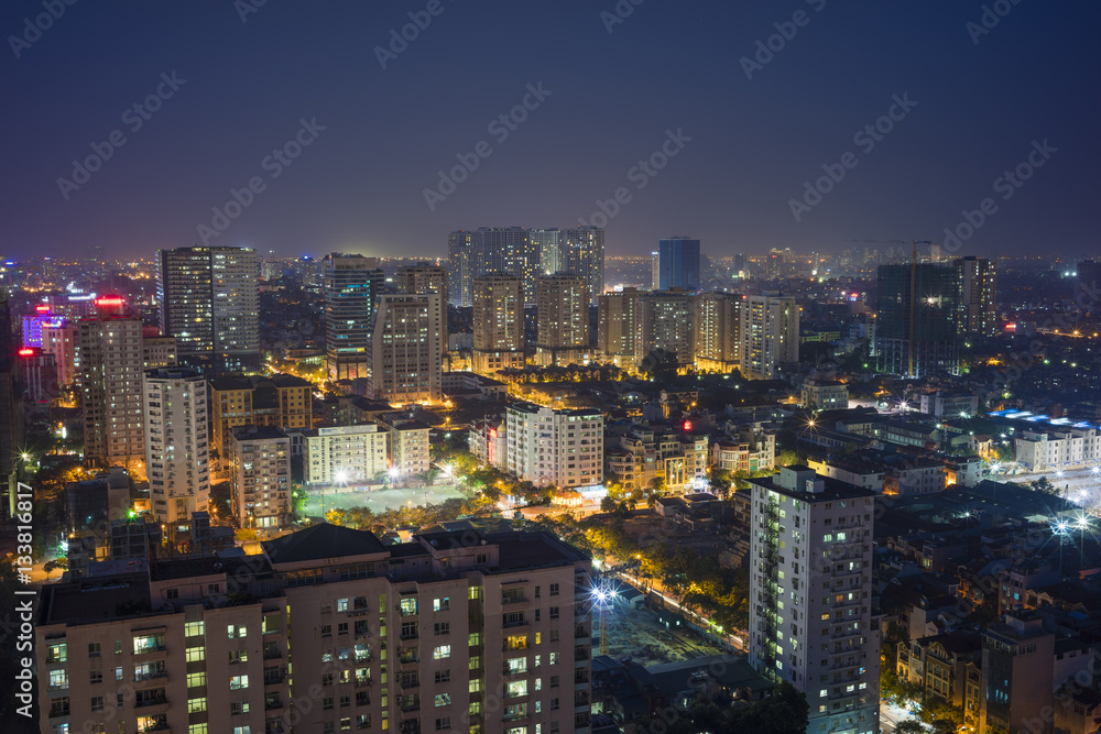 Aerial view of Hanoi skyline cityscape at night. Cau Giay district