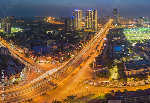 Aerial view of Hanoi skyline cityscape at night. Le Van Luong - Khuat Duy Tien intersection , Cau Giay district © Hanoi Photography