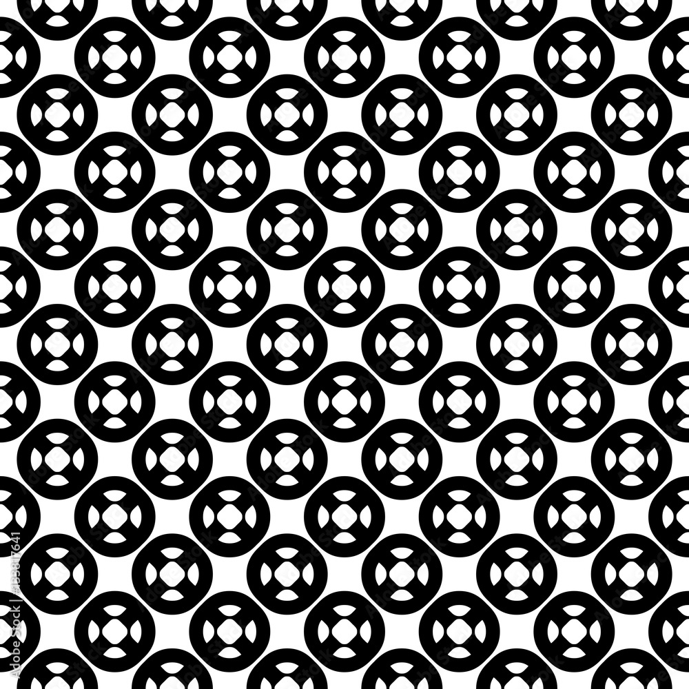 Vector seamless pattern with simple geometric figures, perforated circles, smooth lines. Black & white illustration. Endless abstract background. Modern monochrome texture. Repeat design element Vector seamless pattern with simple geometric figures, perforated circles, smooth lines. Black & white illustration. Endless abstract background. Modern monochrome texture. Repeat design element