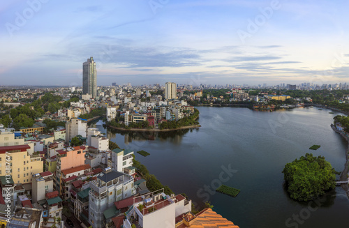 Hanoi skyline cityscape at sunset period. West Lake aerial view