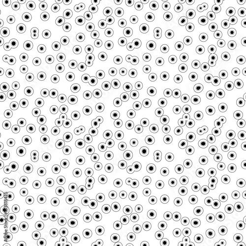 Vector monochrome seamless pattern, black dots & circles on white background. Stylish repeat texture. Abstract endless illustration of molecules, caviar, drops, spots. Design for prints, digital, web