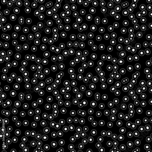 Vector monochrome seamless pattern, white dots & circles on black background. Stylish repeat texture. Abstract endless illustration of molecules, caviar, drops, spots. Design for prints, digital, web