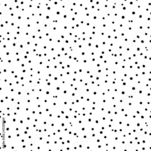 Vector monochrome seamless pattern, black & white chaotic dots, spots, drops. Simple abstract repeat background texture. Design element for prints, decoration, textile, fabric, digital, web, furniture