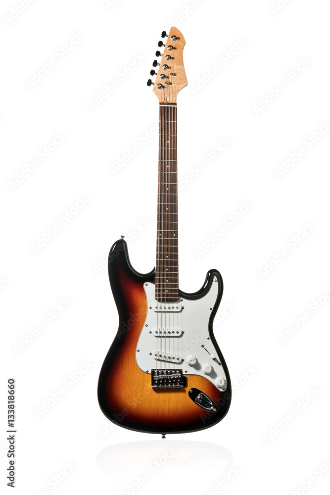 Fototapeta premium Beautiful electric guitar brown color standing upright isolated on a white background