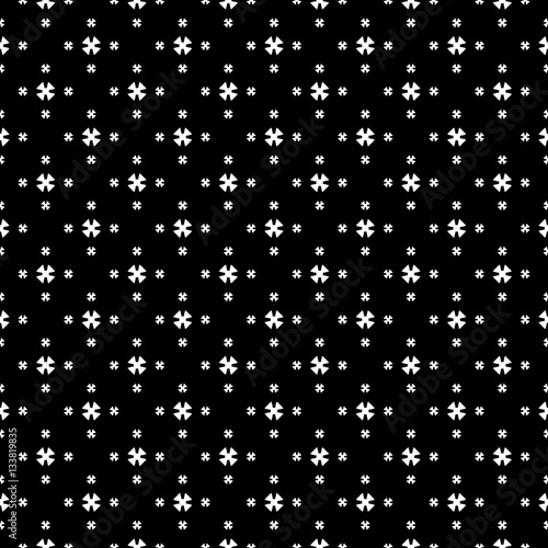 Vector monochrome seamless pattern, simple minimalist geometric background, small white cruciate figures on black backdrop. Repeat abstract texture. Design for prints, decoration, digital, web, fabric © Olgastocker