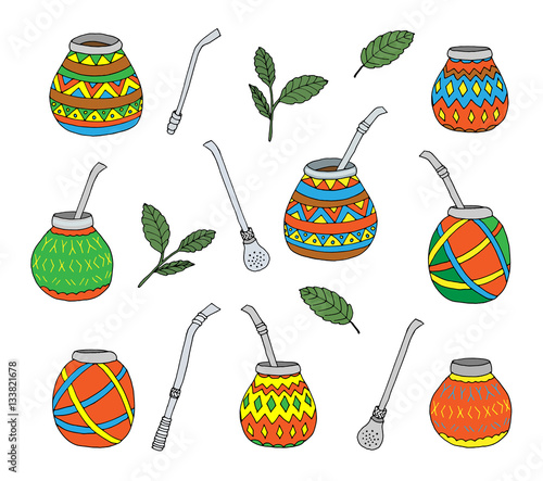 Yerba mate tea leaf, calabash gourd and bombilla colored, hand drawn
