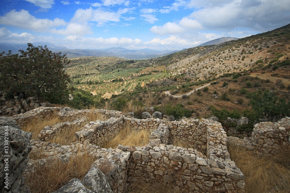 Landscape around Mycenae and ruins of the ancient city