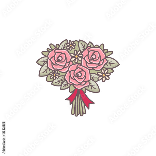 Roses bouquet decorated with ribbon.