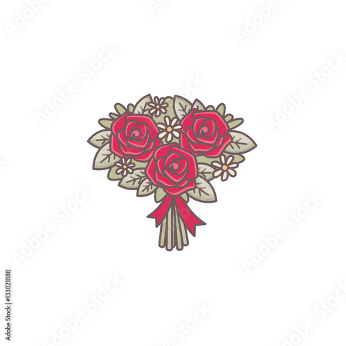 Roses bouquet decorated with ribbon.