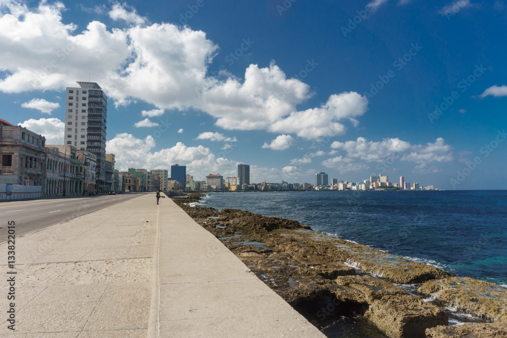 La Havana, Cuba: City view from Malecon on sunny day. Malecon it's the most touristic place in La Havana