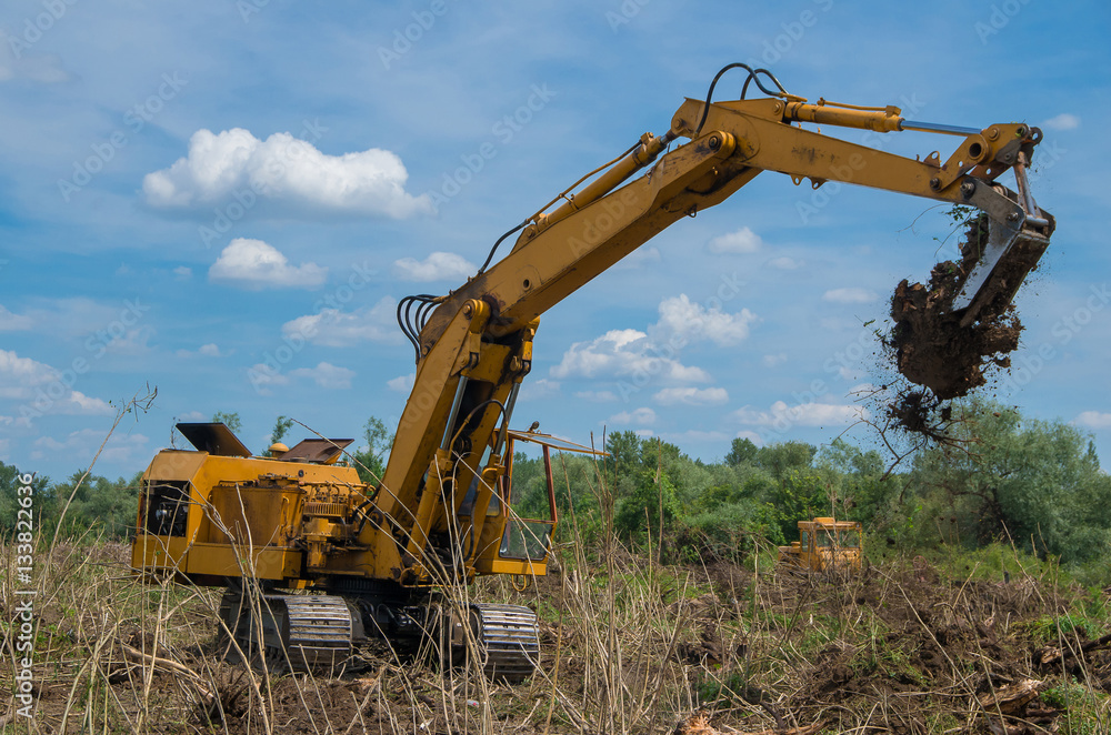 Destruction of forests. Removing stumps with an excavator. Seizure of forest land for agriculture.