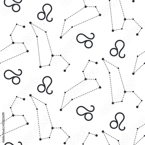 Leo constellation seamless vector pattern. Zodiac symbol black and white background.