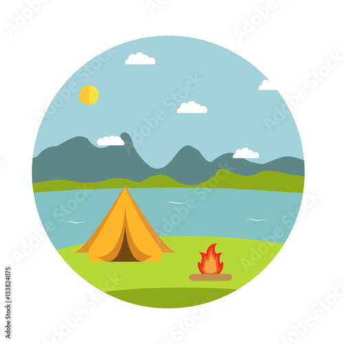 Tourist camp against mountains.infrastructure flat.landscape with the river and mountains.Summer landscape.Solitude in nature by the lake. Weekend in the tent.Hiking and camping.Natural landscape