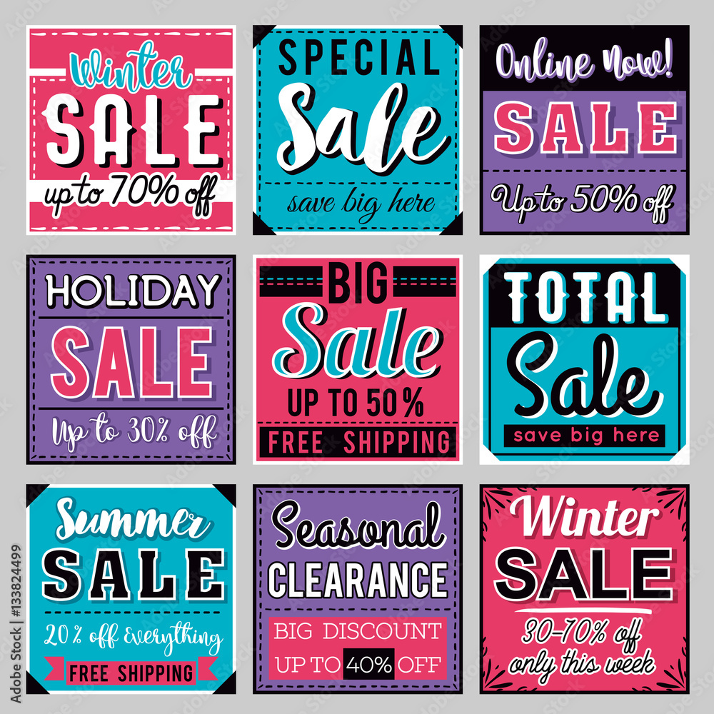 Nine Square banners with sale offer, vector illustration