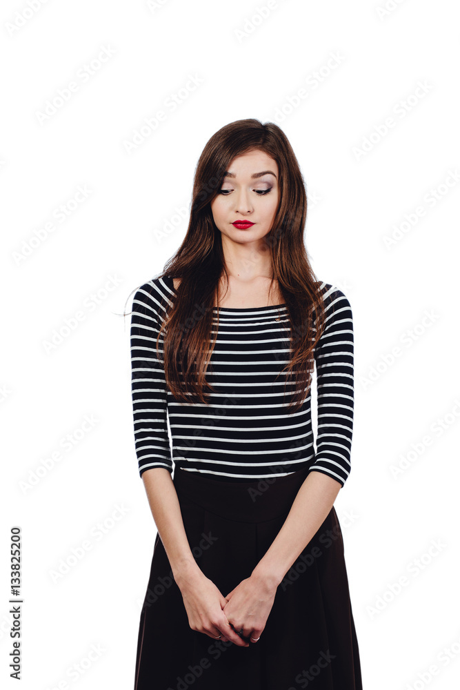 Emotional portrait Cute beautiful girl artist. . White background, isolated. Red lips, long hair brunette. Emotional portrait Cute beautiful girl artist. . White background, isolated. Red lips, long hair brunette.
