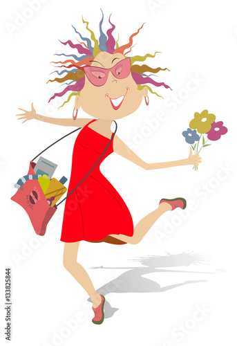 Happy woman. Funny running young woman with a bag full of different things and the bunch of flowers
