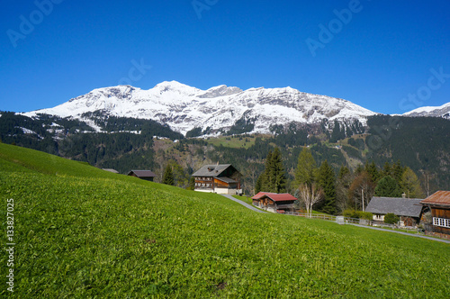 green valley with village in big mountains covered by snow © Leonid