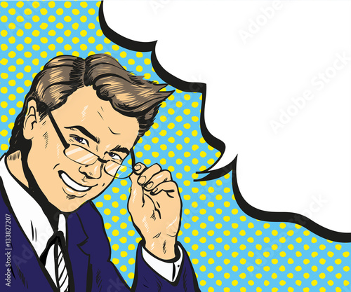 Man in glasses pop art speech bubble vector illustration