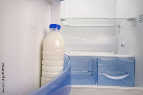 Milk in an empty fridge.
