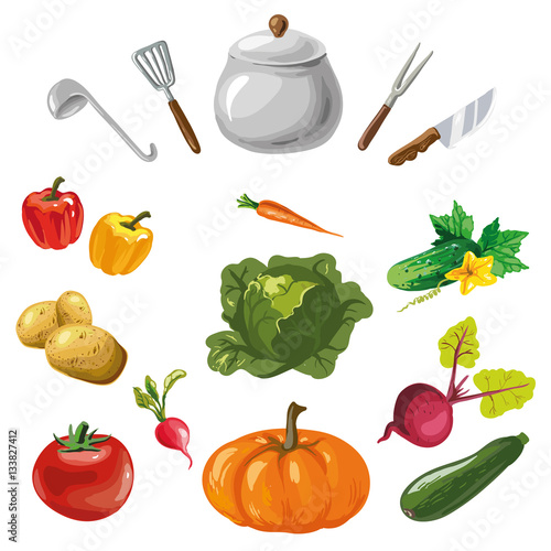 Vegetables collection with kitchen dishes isolated
