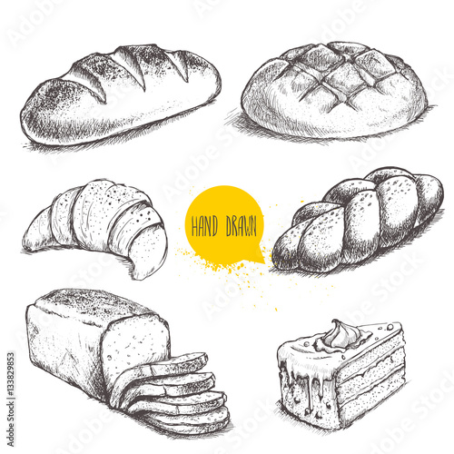 Vintage hand drawn sketch style bakery set. Bread and pastry sweets on white background.