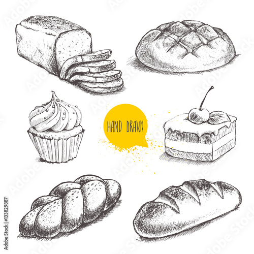 Vintage hand drawn sketch style fresh bakery set. Bread, cake with cherry and cream cupcake isolated on white background.