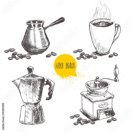 Hand drawn coffee set with coffee beans. Sketch style. Isolated on white background. Coffee mill, turkish coffee pot cezve, vintage italian geyser coffee maker and mug of coffee.
