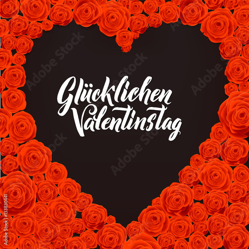 Happy Valentines Day German Language Card. Black Heart Shape on Rose Flowers Background. Wedding Poster