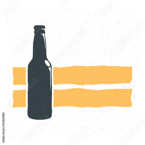 Hand drawn vintage bottle of beer. Sketch style. Vector illustration. T-shirt print. Poster. Logo. Hipster. Retro badge. Emblem. Cold alcohol
