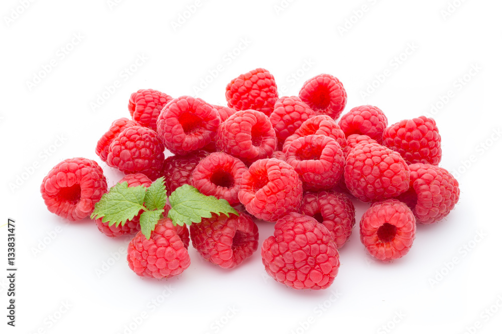 Ripe raspberry with leaf isolated on the white background. Ripe raspberry with leaf isolated on the white background.