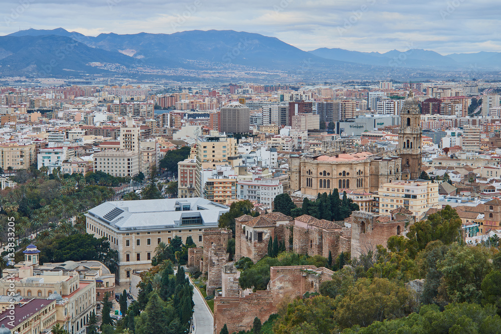 Panoramic view of Malaga Downtown in a cold day