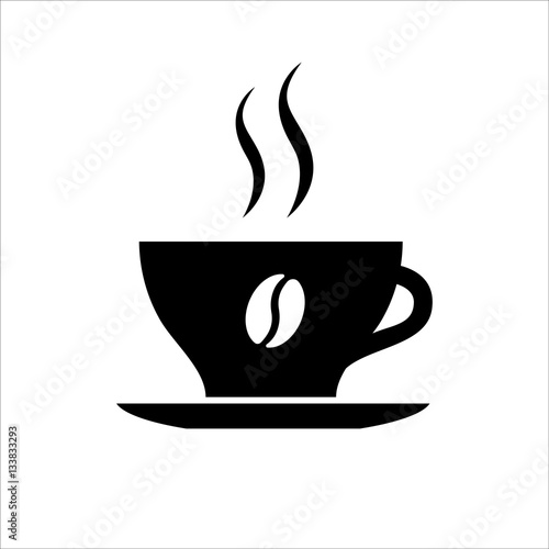 Cup of coffee icon. Hot beverage mug with coffee bean picture, saucer and smoke. Vector Illustration