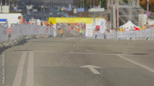 Empty finish line on city marathon day photo