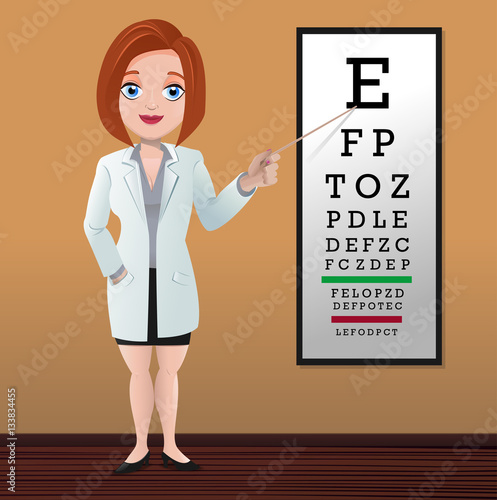 Young female optician pointing Snellen chart