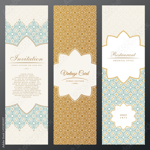 Islam vintage luxury cards. Vector set of ornate in ethnic design. Gold labels with place for text. Eastern floral frame pattern