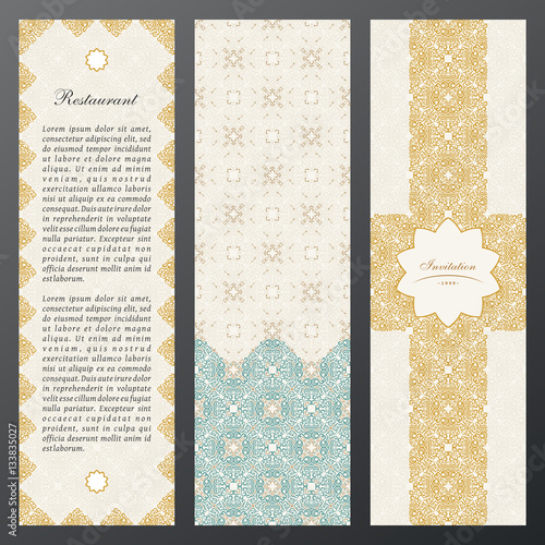 Islam vintage luxury cards. Vector set of ornate in ethnic design. Gold labels with place for text. Eastern floral frame pattern