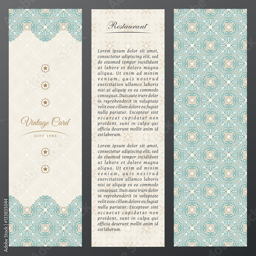Islam vintage luxury cards. Vector set of ornate in ethnic design. Gold labels with place for text. Eastern floral frame pattern