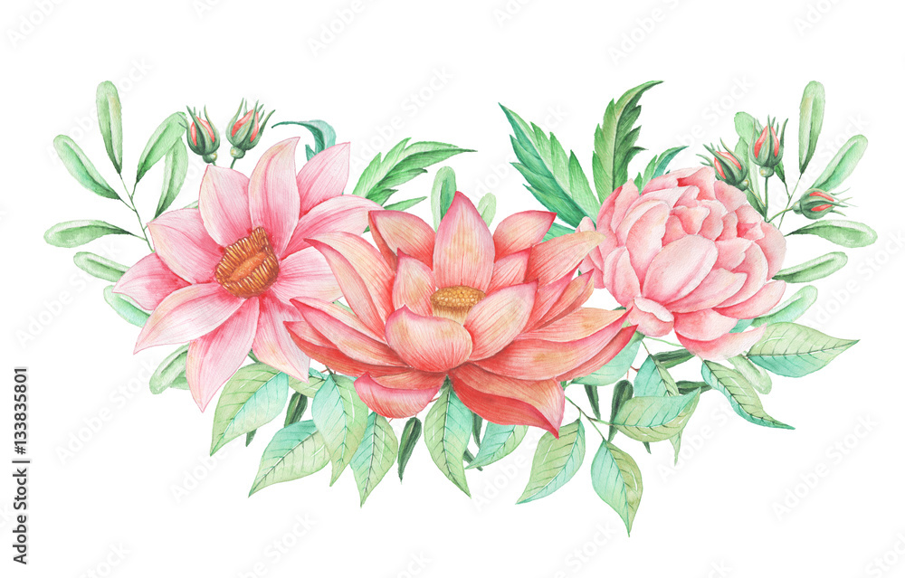 Hand painted watercolor floral bouquet, isolated on white background