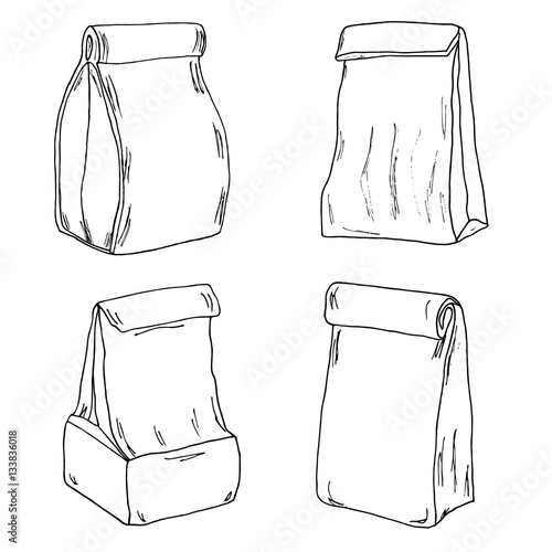 Various lunch bags and lunch boxes. Sketch, hand drawn, vector.