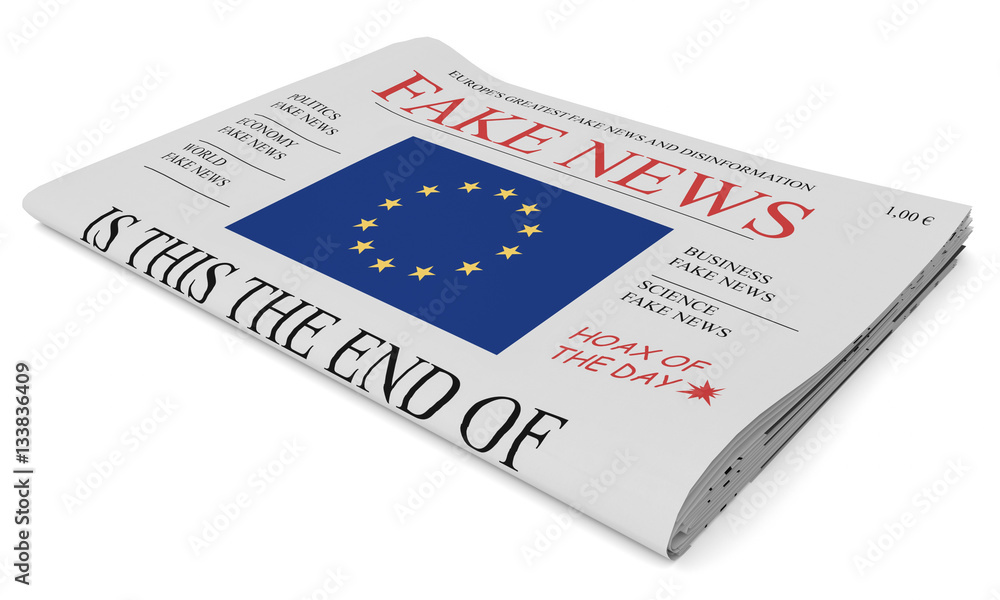 Fake News European Union Concept: Newspaper Front Page With EU Flag, 3d illustration on white background Fake News European Union Concept: Newspaper Front Page With EU Flag, 3d illustration on white background