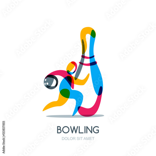 Bowling game vector logo, icon or emblem design. Running human with bowling ball in hand and multicolor pin. Sport man isolated overlapping illustration.