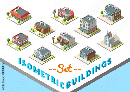 Vector isometric buildings set. Isolated on white background