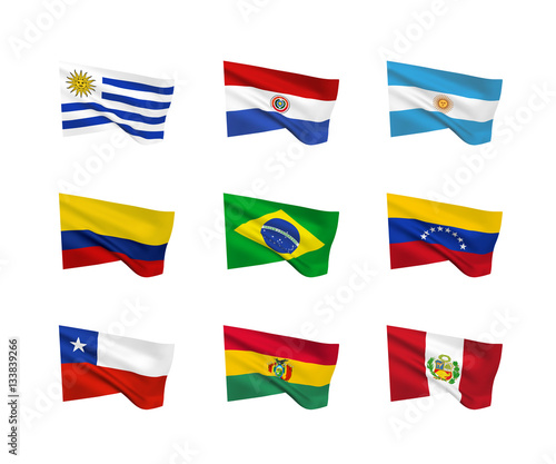 Vector flags (South American countries). A set of 9 wavy 3D flags created using gradient meshes. EPS 8 vector